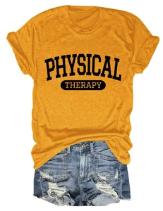 Detail of ginger yellow t-shirt with black Physical Therapy print and denim shorts