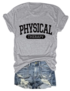Detailed flat lay of physical therapy slogan t-shirt paired with ripped denim shorts