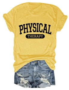 Detailed view of yellow Physical Therapy cotton t-shirt and ripped blue denim shorts set