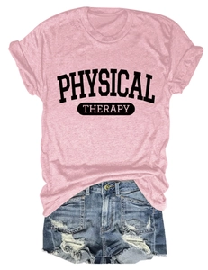 Flat lay of pink casual t-shirt with Physical Therapy print and denim shorts