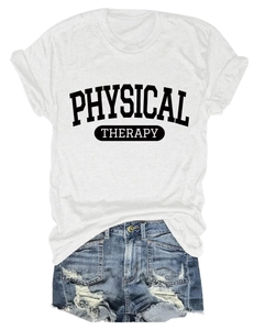Flat lay of white Physical Therapy t-shirt paired with distressed blue denim shorts