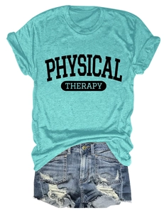 Flat lay of teal PHYSICAL THERAPY t-shirt and blue distressed denim shorts set