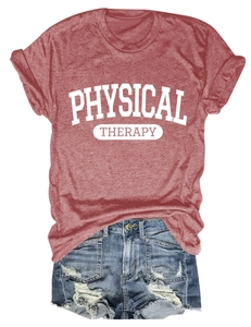 Flat lay of a brick red cotton T-shirt with Physical Therapy print and denim shorts