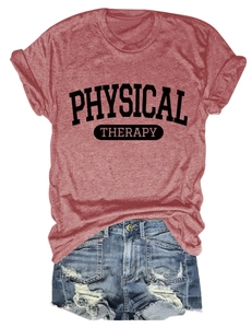 Detail of reddish-brown heather t-shirt with Physical Therapy print and rolled sleeves