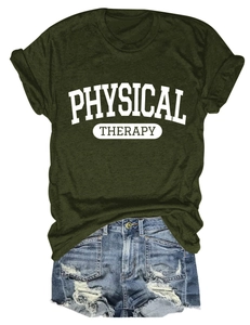 Flat lay of an olive green Physical Therapy print T-shirt with frayed denim shorts