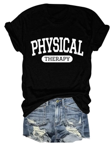 Flat lay of black round neck T-shirt with Physical Therapy print and denim shorts