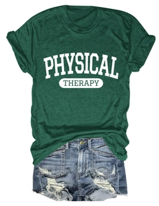 Flat lay of green Physical Therapy t-shirt paired with blue distressed denim shorts
