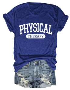 Flat lay of navy t-shirt with Physical Therapy print and distressed denim shorts