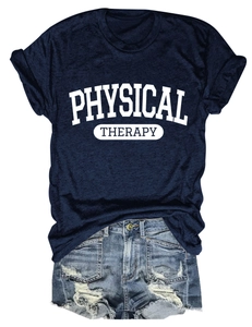 Flat lay of navy blue Physical Therapy print t-shirt paired with ripped denim shorts