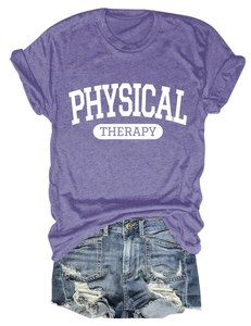 Detail of purple cotton T-shirt featuring bold Physical Therapy lettering on a flat lay
