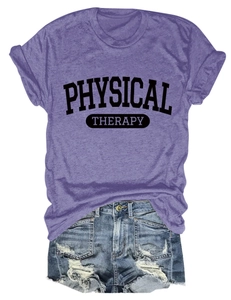 Detailed flat lay of purple Physical Therapy t-shirt with ripped denim shorts set
