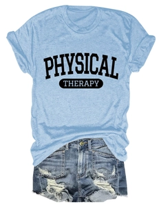 Flat lay of light blue Physical Therapy print t-shirt paired with ripped denim shorts