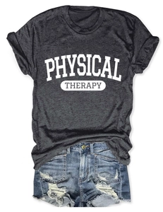 Flat lay of gray Physical Therapy print t-shirt and distressed blue denim shorts