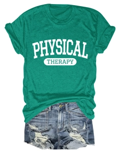 Flat lay of green cotton T-shirt with PHYSICAL THERAPY print and ripped denim shorts