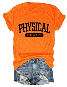 Flat lay of an orange cotton t-shirt with black Physical Therapy text and denim shorts