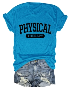 Detail of blue T-shirt with Physical Therapy lettering and distressed denim shorts