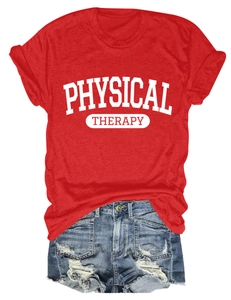 Detail of red Physical Therapy cotton t-shirt paired with distressed denim shorts