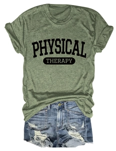 Flat lay of a green physical therapy graphic t-shirt and distressed denim shorts