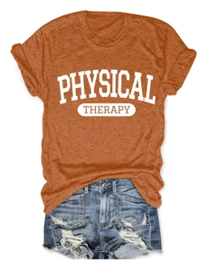 Burnt orange Physical Therapy t-shirt paired with distressed blue denim shorts
