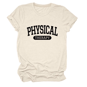 Detail of Physical Therapy print on off-white cotton crewneck short sleeve t-shirt
