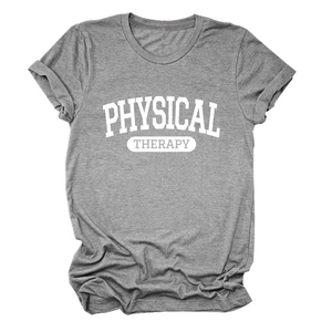 Flat lay of a grey crew neck t-shirt with white PHYSICAL THERAPY lettering on the chest