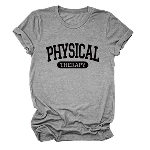 Detail of the gray crew neck t-shirt featuring black PHYSICAL THERAPY lettering and stitching