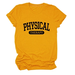 Detail of soft mustard yellow crewneck t-shirt with black Physical Therapy print text