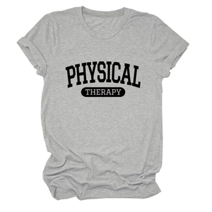 Detail of heather grey cotton T-shirt featuring black Physical Therapy lettering print