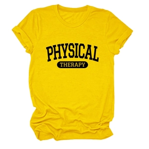 Close-up of bright yellow cotton t-shirt featuring black Physical Therapy text print