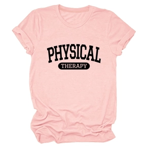 Pink crew neck cotton t-shirt featuring bold black Physical Therapy graphic print