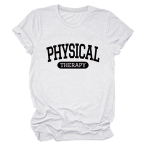 Close-up of the cotton fabric detail and black PHYSICAL THERAPY lettering on the white T-shirt