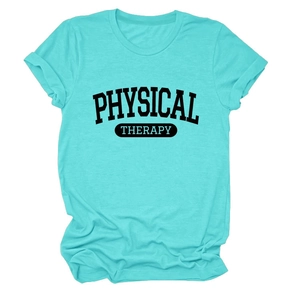 Detailed knit texture and printed lettering on turquoise crew neck short sleeve tee