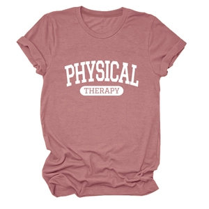 Close-up of pink cotton t-shirt with Physical Therapy white letter print and rolled sleeves