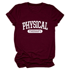 Close-up of PHYSICAL THERAPY letter print and rolled sleeves on maroon cotton t-shirt