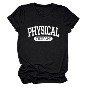 Detail of black cotton T-shirt featuring white Physical Therapy text print and round neck