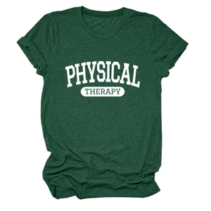 Detail showing forest green heather texture and white Physical Therapy print on t-shirt