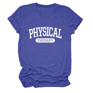 Detail of white Physical Therapy letter print on heather blue cotton t-shirt