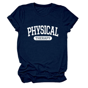 Detail of rolled sleeves and white Physical Therapy print on navy blue cotton T-shirt