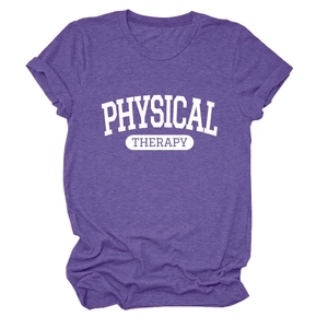 Detail of purple heather crew neck t-shirt with white Physical Therapy letter print