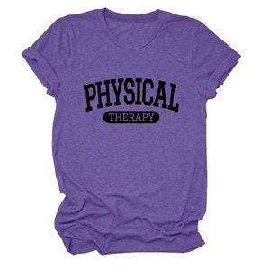 Detailed view of purple heathered t-shirt with Physical Therapy lettering and crew neck