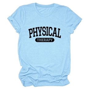 Detailed flat lay of light blue cotton tee with black Physical Therapy graphic print
