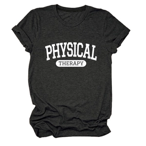 Detail of Physical Therapy text print on charcoal grey cotton short sleeve T-shirt