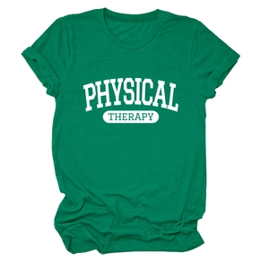 Detailed flat lay of a forest green cotton T-shirt featuring white Physical Therapy print