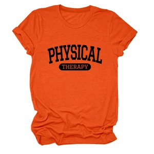 Detailed close-up of Physical Therapy letter print on orange cotton crew neck t-shirt