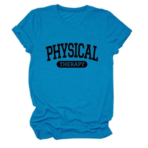 Detail of royal blue T-shirt with Physical Therapy letter print and folded cuffs