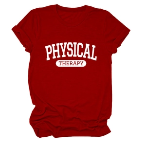 Red physical therapy print crew neck cotton t-shirt for women with cuffed short sleeves
