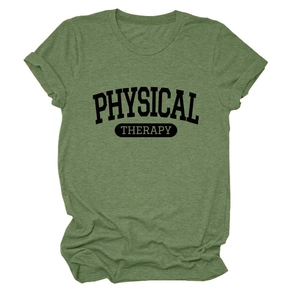 Close-up of the heather green cotton fabric texture and Physical Therapy graphic print