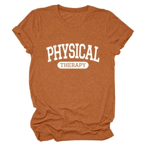 Detail of Physical Therapy letter print on cotton rust red crewneck t-shirt