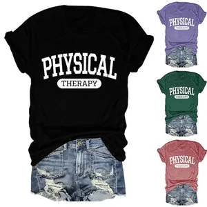 Women T-Shirt Physical Therapy Letter Print Cotton Blend Casual Loose Short Sleeve Round Neck Graphic Tee
