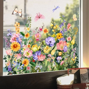 Adesivi per finestre fronte-retro con fiori colorati e farfalle per decorazioni domestiche